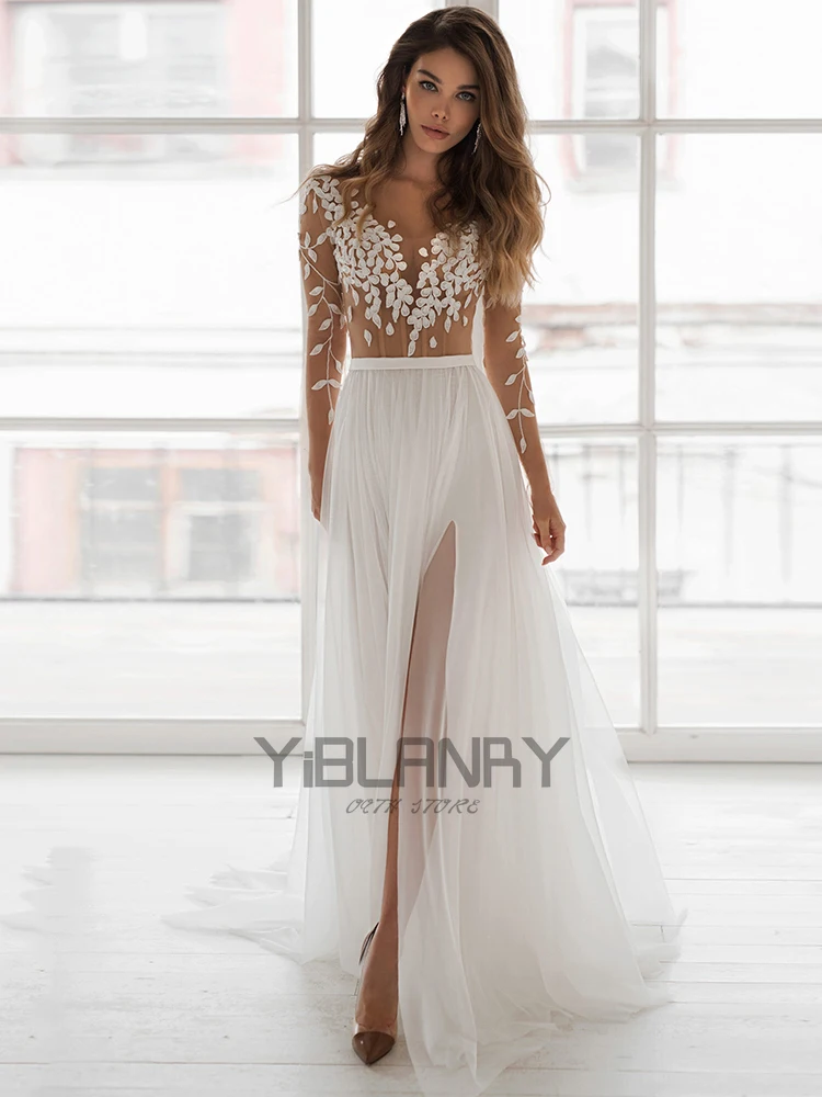 

YILIBERE Lace Wedding Dress Short Sleeve O-Neck Plus Size Luxury Lace Appliques Tulle Cathedral Train Robe Fluffy skirt