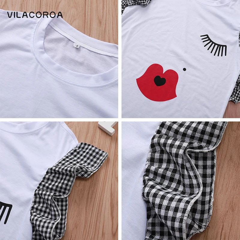 

Kiss Print Women Tank Tops Ruffle Sleeveless Stitching Casual Shirt Street White Slim Pullover Female Clothes Summer Vest Mujer