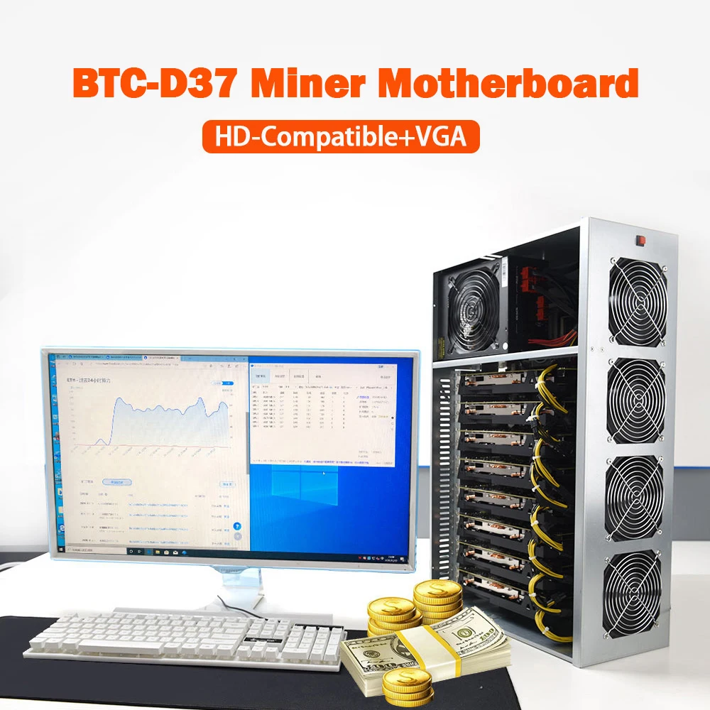 BTC-D37 Mining Motherboard Case Set Chassis with 4 Fan Motherboard 8 Slots 4GB DDR 128GB SSD For Mining Machine ETH Ethereum Rig