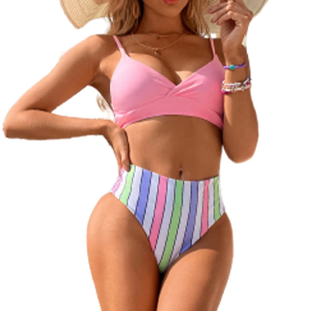 Купальник бикини однотонный бюстгальтер и шорты в полоску купальник Женские