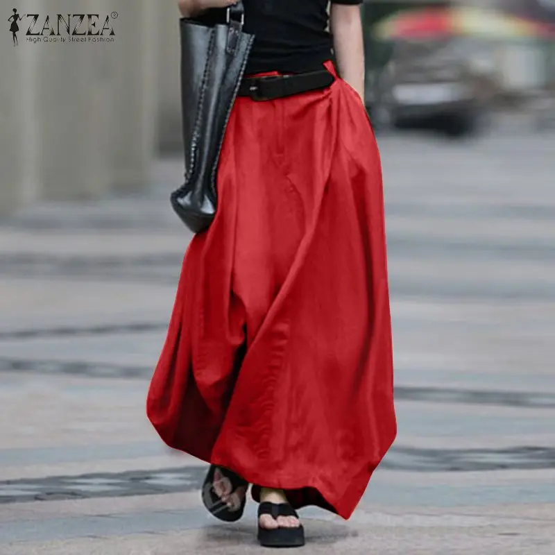 

ZANZEA 2022 Spring Solid Long Skirts Vintage Casual Zipper Skirts Women High Waist Pockets Cotton Work Vestido Party Faldas Saia