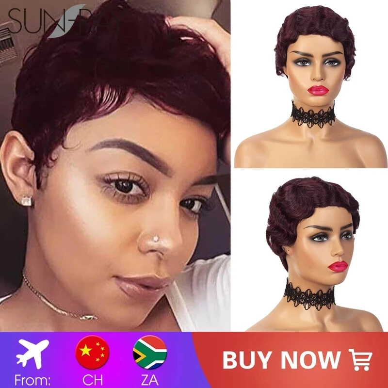 

Sun-Ray Remy Brazilian Human Hair Short Curly Human Hair Wig Finger Wave Wigs for Black Women Mommy Wig Short Pixie Cut Wigs