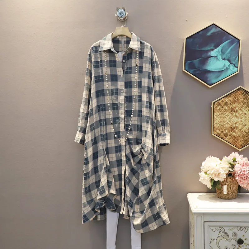 Женская рубашка в клетку [EWQ] белая Повседневная из хлопка и льна с длинным