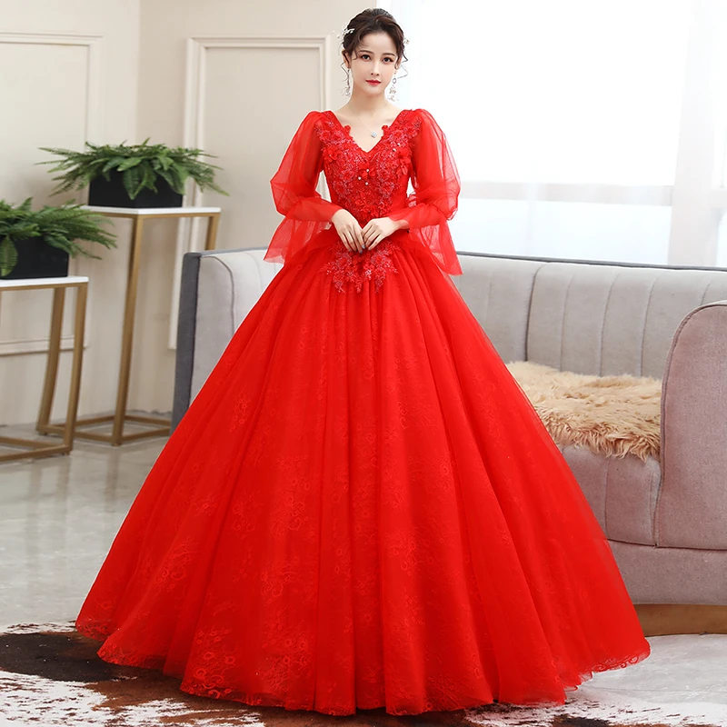 

Puff Sleeve Red Quinceanera Dress 2021 Classic V-neck Party Prom Ball Gown Vintage Lace Quinceanera Dresses Customize Color