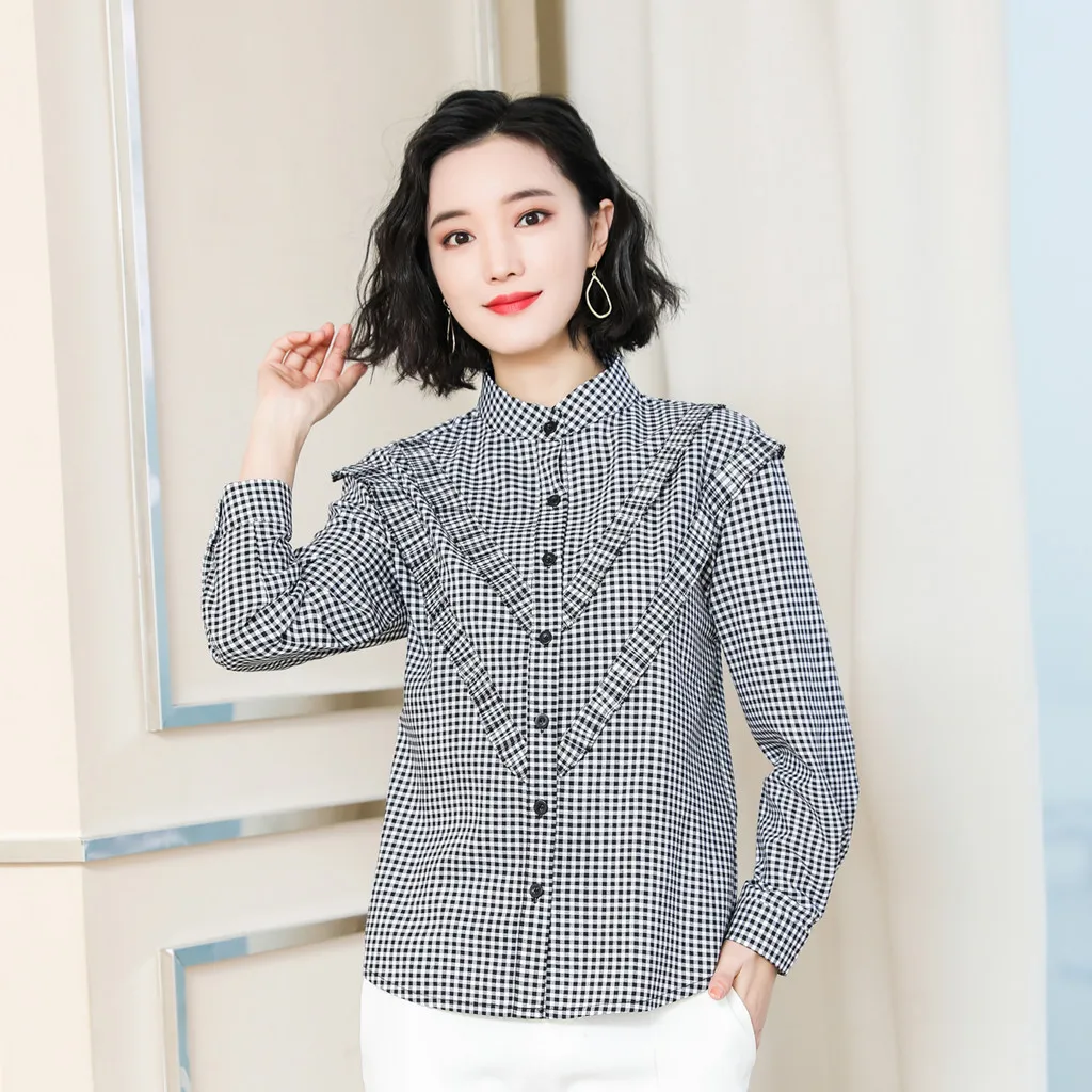 Модная Корейская женская черно белая клетчатая шифоновая рубашка с длинным