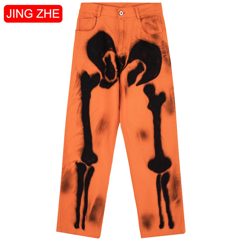 

JING ZHE Hip Hop Jeans Men Cool Bone Graffiti Print Denim Pants Casual Baggy Trousers Fashion High Street Style Jeans Streetwear