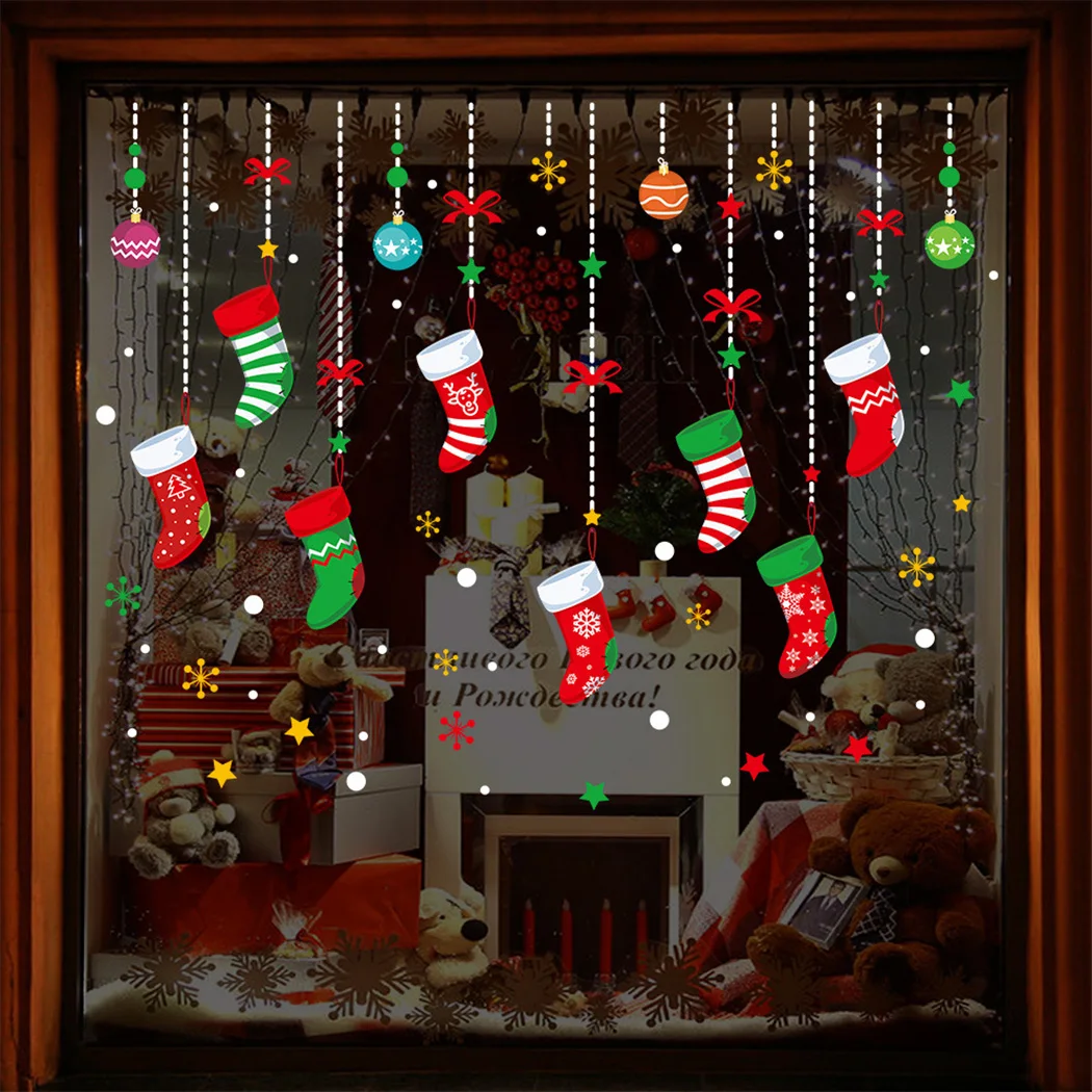 Art Wall Stickers Santa Tree Balls Merry Christmas Socks Wreath Window