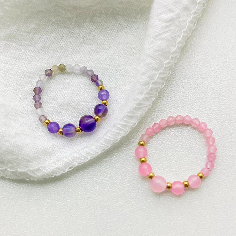 Очаровательные кольца MOMIJI с натуральным аметистом и розовым кристаллом для