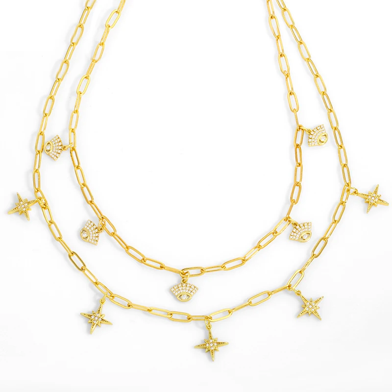 

Золото звеньевая цепь с клипсами Дурной глаз ожерелье для женщин CZ Micro Pave Star ожерелье-чокер с подвесками в дизайне Павлиньего хвоста циркони...