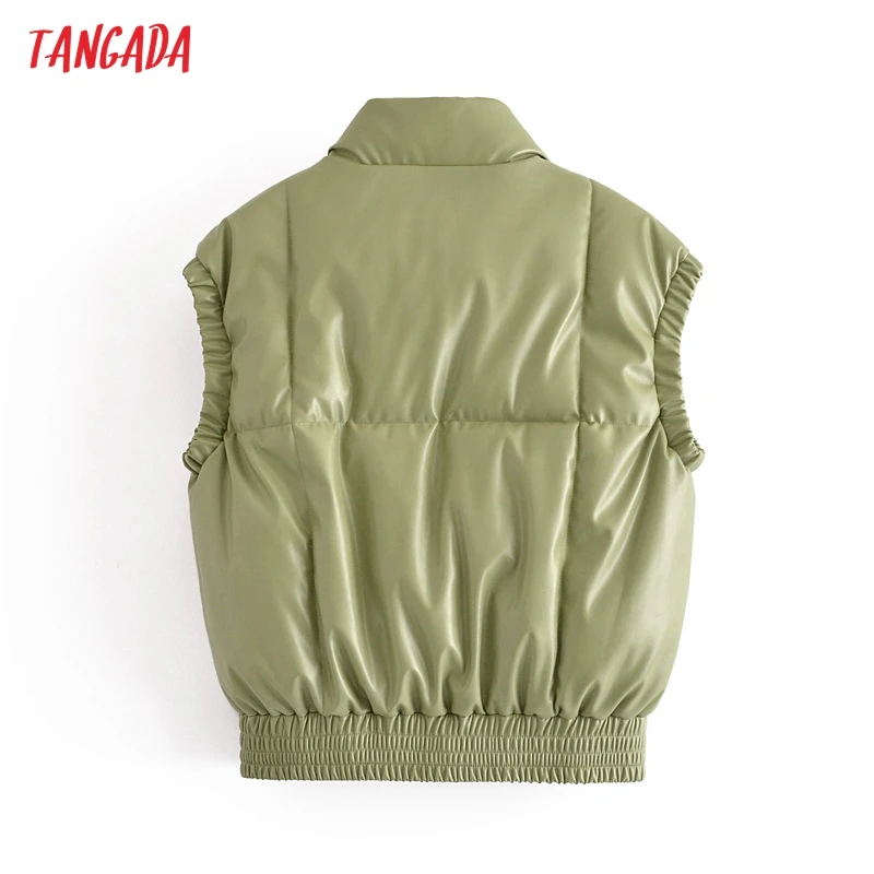 

Tangada Women Green Faux Leather Sleeveless Waistcoat Parkas Thick 2021 Buttons Female Warm Elegant Coat QN158