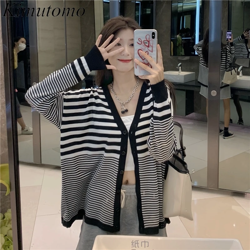 

Kimutomo, винтажный полосатый женский кардиган, осень 2021, Корейская одежда, женская Свободная трикотажная одежда с длинным рукавом и V-образным ...
