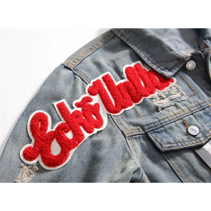 

Fashion Men's American Flag Badge Patch Design Slim Denim Jackets Vintage Letters Patchwork Ripped Distressed Coat Men Outerwear