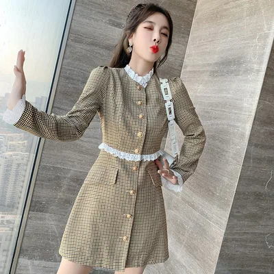 

Лоскутное Кружевное облегающее мини-платье для женщин, новинка 2021, женское клетчатое платье с длинным рукавом, милое модное платье