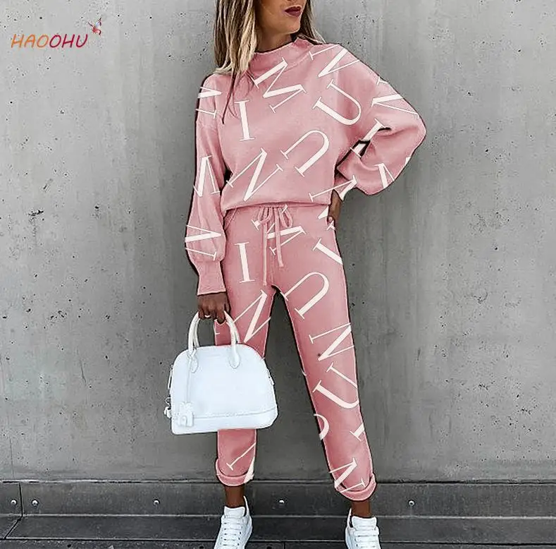 

HAOOHU 2021 Summer Casual Female Tracksuit 2 Piece Set Women's Tie Dye Printing Turtle Neck Long Sleeve Fashion Leisure Suit