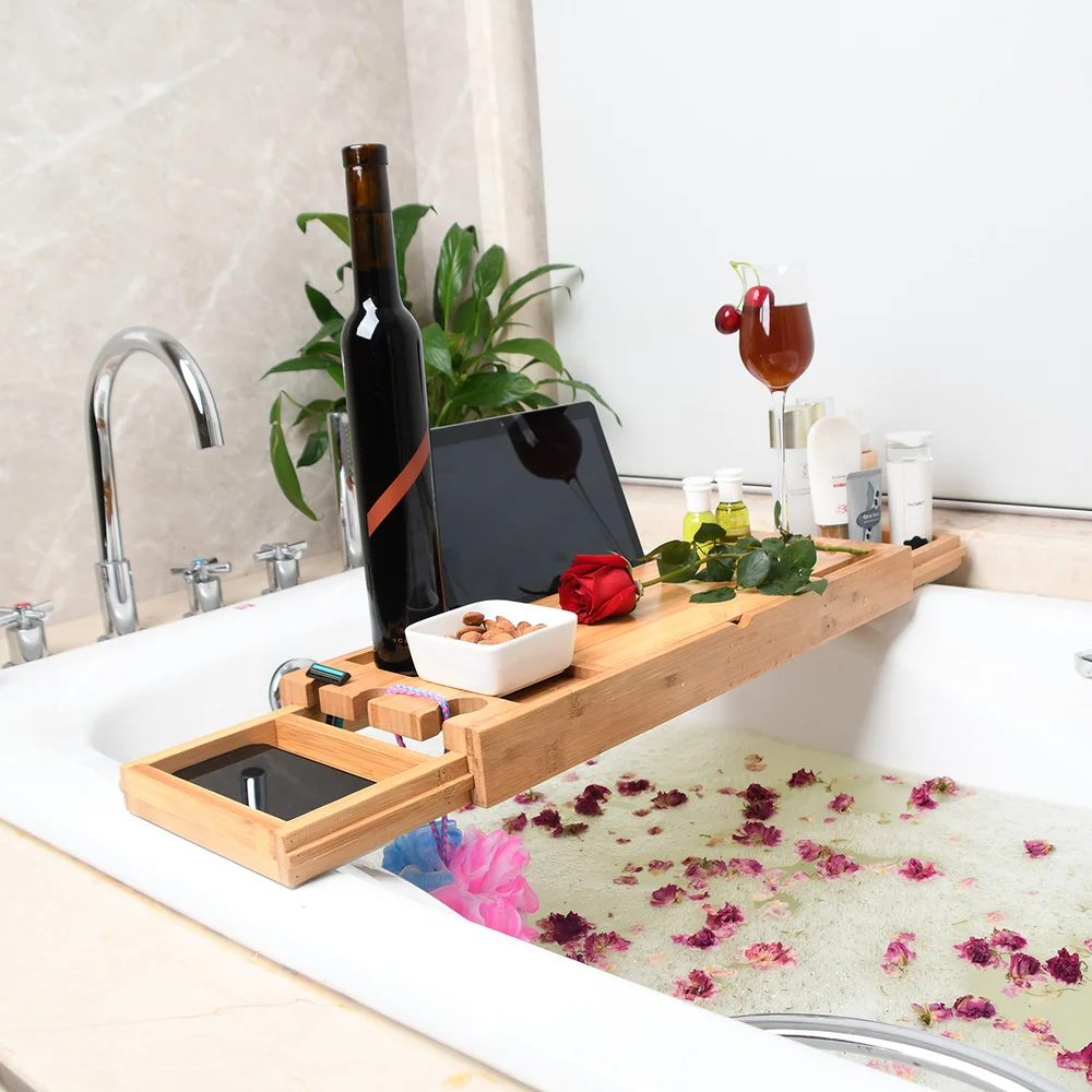 

1PC Multifunctional Bathtub Serving Tray Bamboo Bath Bridge Telescopic Storage Rack Shelf with Mirror for Bathroom Home
