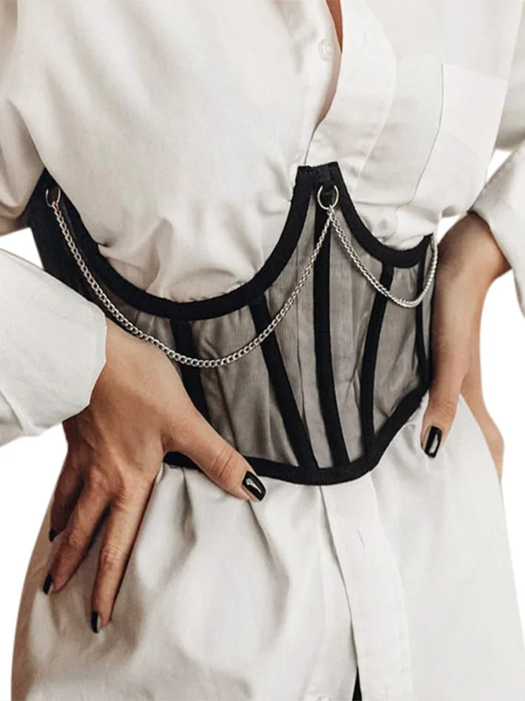 

See Through Wrap Waist Belt Gothic Punk Metal Chain Mesh Bustier Corset Lace-Up Body Shaper Girdle Elegant Body Shaper Cincher