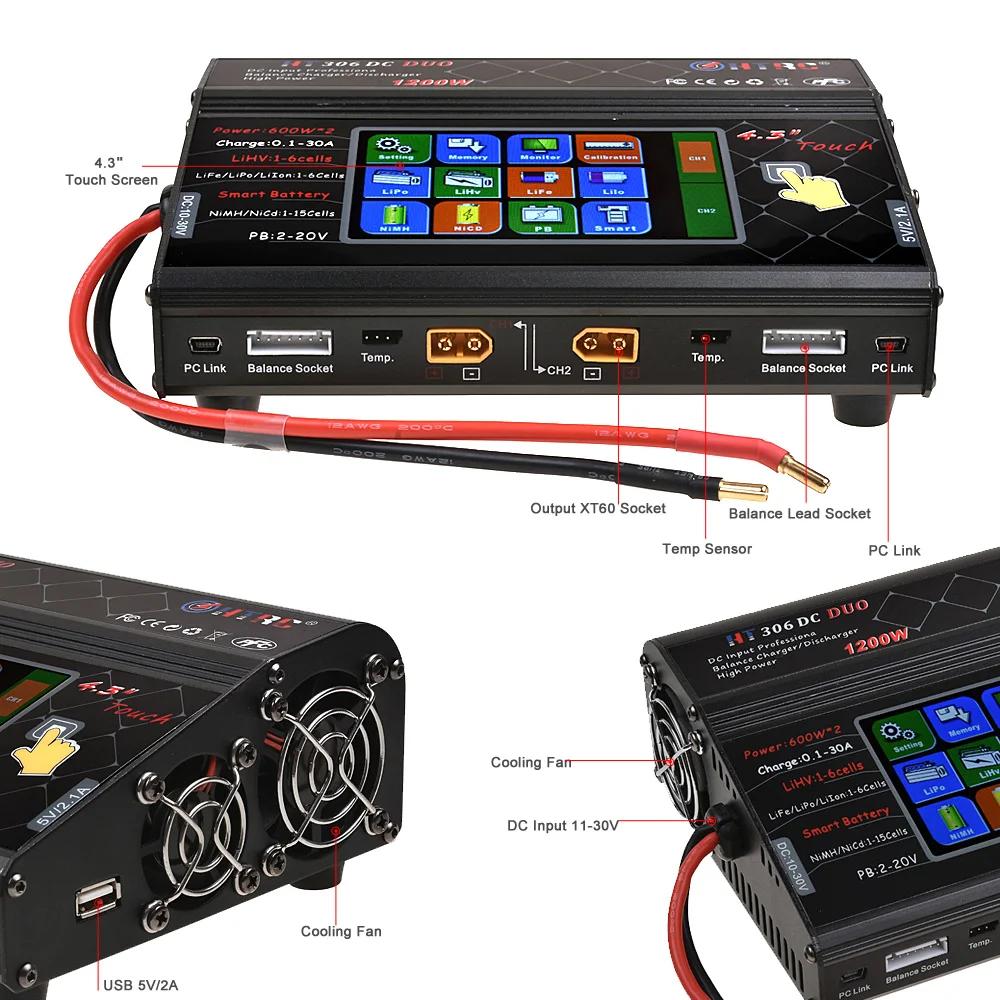 HTRC HT306 баланс зарядное устройство DC DUO 600 Вт* 2 30A* 2 Двойной ЖК сенсорный экран RC батарея для Lilon/LiPo/LiFe/LiHV зарядное устройство