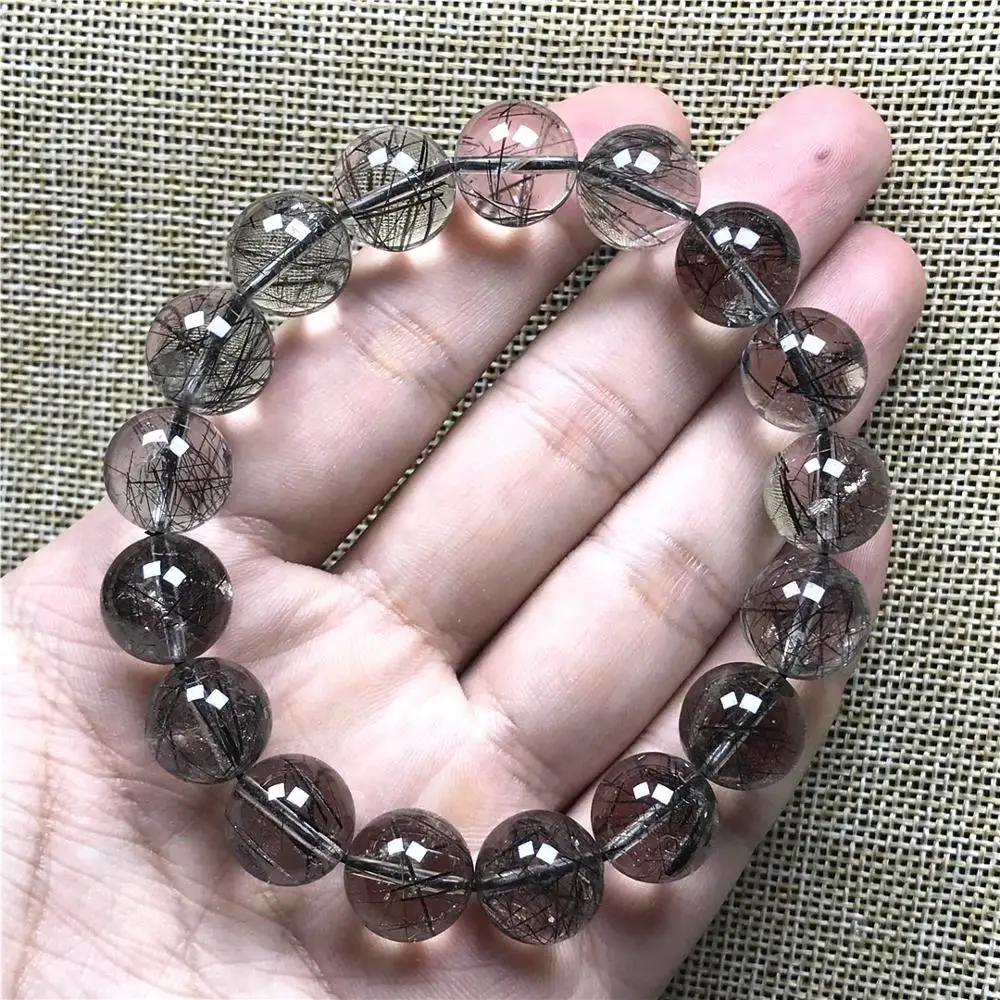 

12mm Natural Black Rutilated Quartz Bracelet For Woman Man Wealth Crystal Brazil Luck Round Beads Gemstone Stretch Jewelry AAAAA