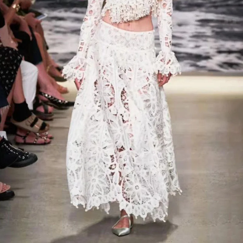 Высокая талия Макси юбка вышивка выдалбливают длинная для женщин| |