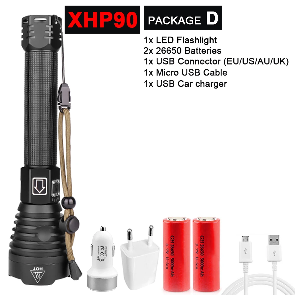 Package D-XHP90 Супер яркий XHP90/70,2 светодиодный фонарик, супер мощный фонарь, USB лампа с зумом, фонарь с зумом, работающий от аккумулятора 18650 26650 - Испускаемый цвет: Package D-XHP90