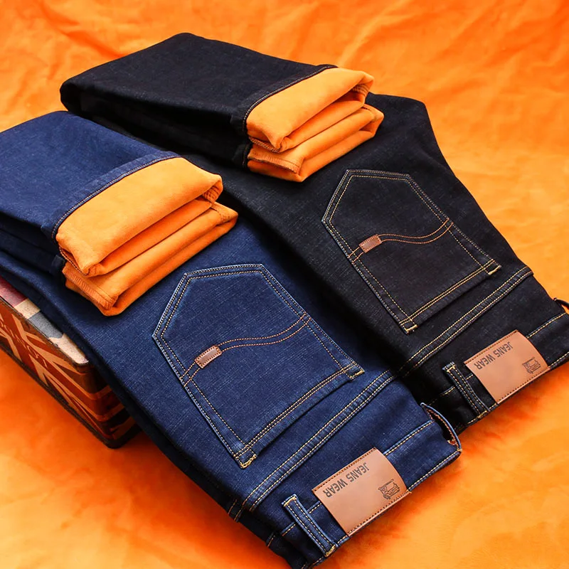Джинсы мужские Фланелевые стрейчевые теплые брюки с флисовой подкладкой прямые
