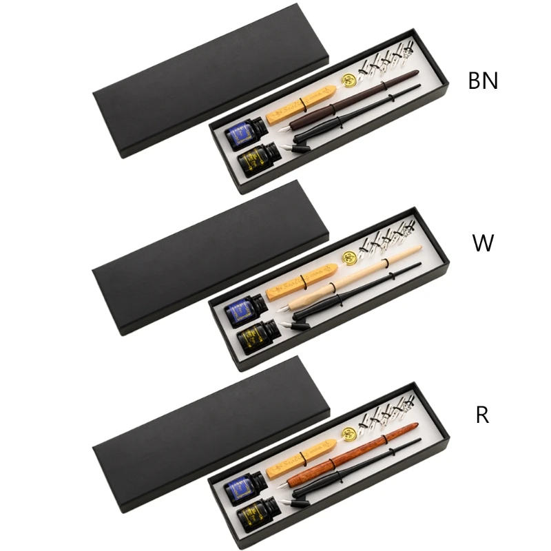 

Vintage Dip Pen Fountain Writing Ink 5 Nibs Wax Seal Stamp Gift Box Calligraphy Stationery School Supplies M5TB