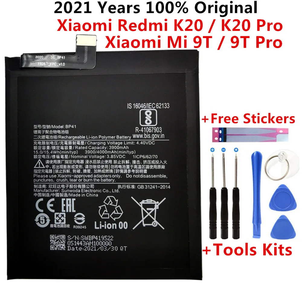 

Original Phone Battery BP41 4000mAh for Xiaomi Redmi K20 / Mi 9T / K20 Pro / 9T Pro Replacement Battery +Tools Kits