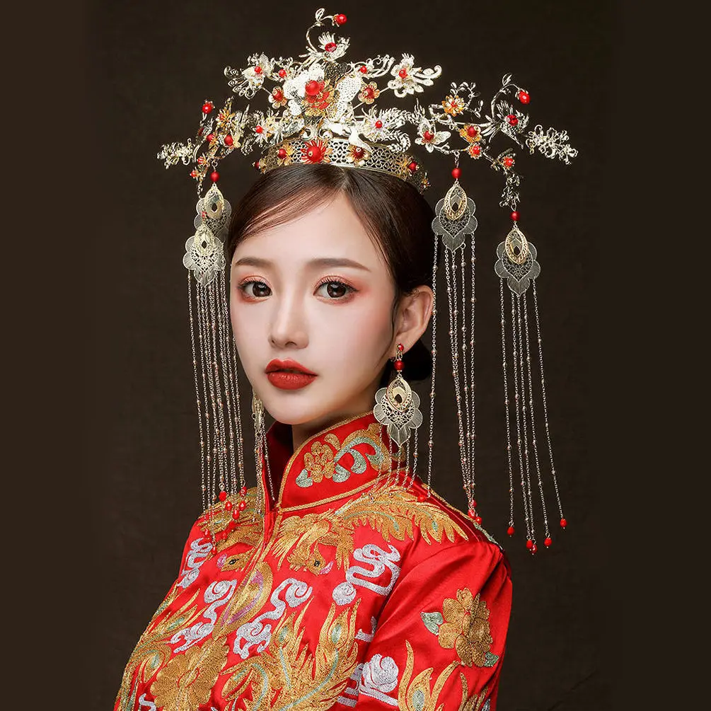 

XinHuaEase Bridal Headdress New Chinese Traditional Style Fringes Antiquity Wedding Toast Suit Hanfu Accessories Performance