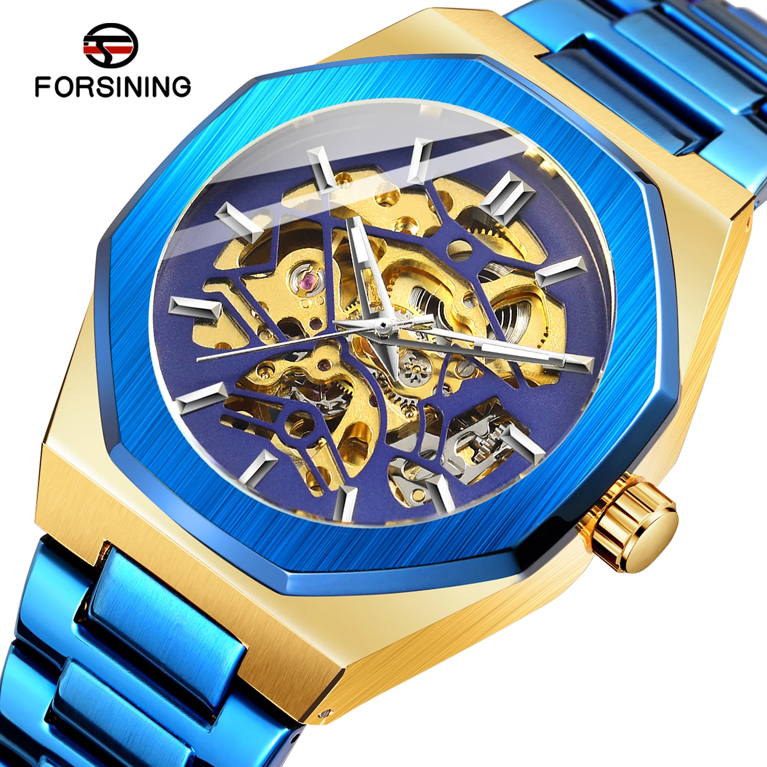 

FORSINING brand watch men mechanical hollow watch fashion casual automatic blue stainless steel watch FSG8198