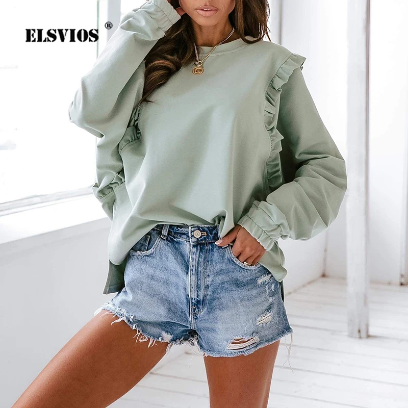 Женский Свободный свитшот с длинным рукавом Повседневная Однотонная футболка