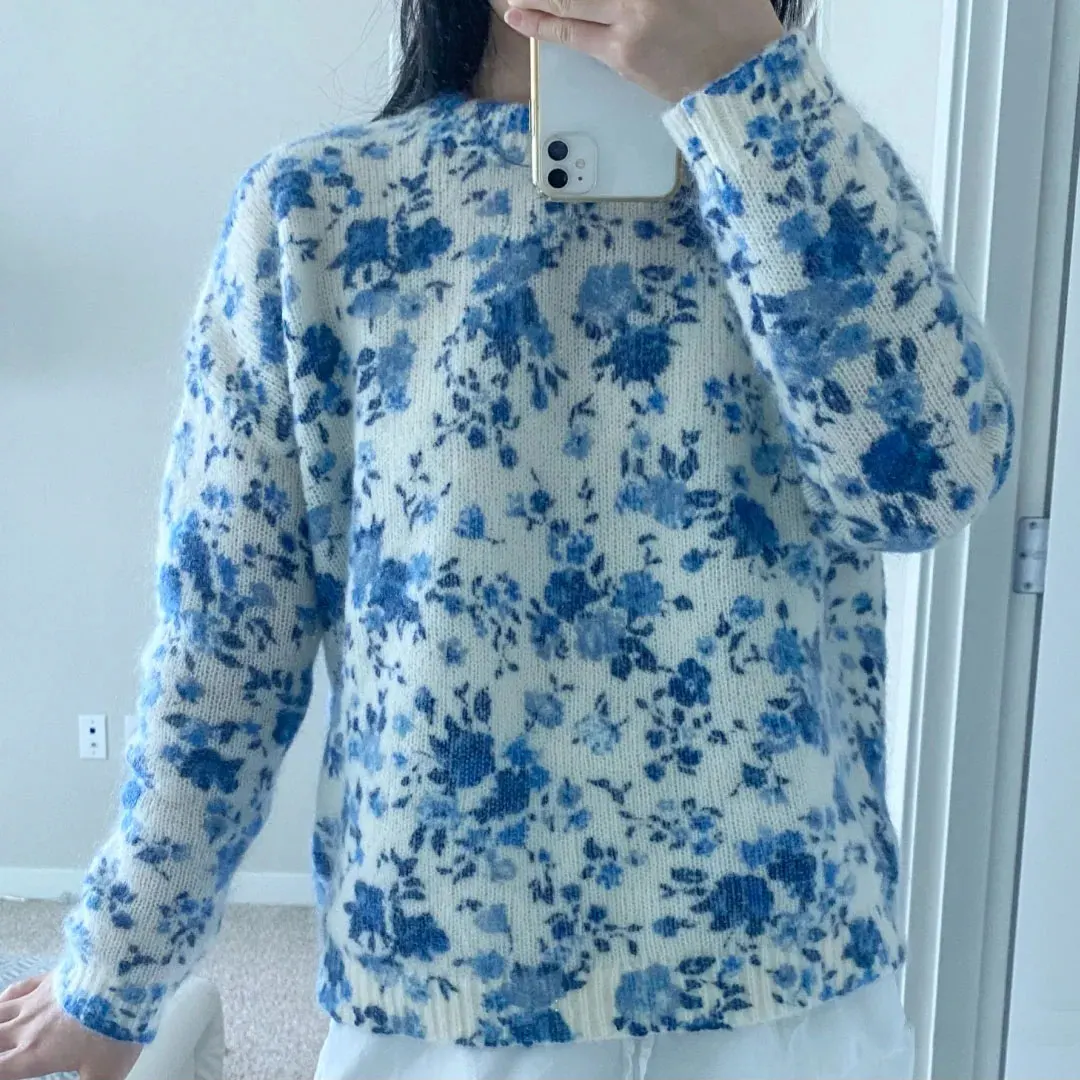 

Blue flower print women sweater mohair blend fashion Female sweater o-neck long sleeve temperament lady knit pullover tops