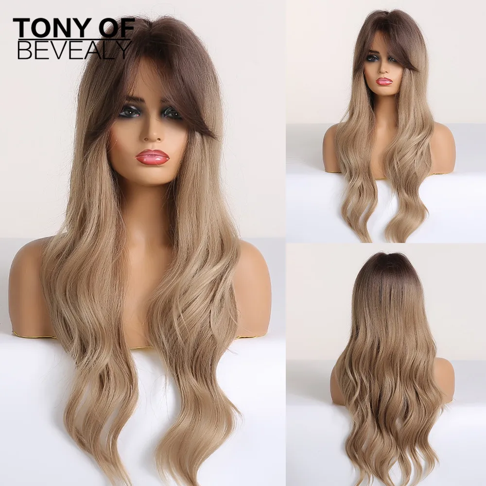 Длинные волнистые коричневые синтетические парики для женщин с боковой челкой