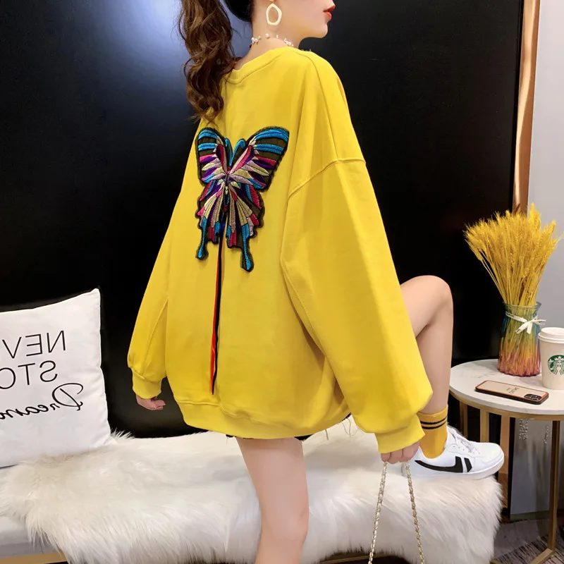

Winter Medium and Long Embroidered Butterfly Women's Sweater Korean Loose Large Pullover Solid Color Long Sleeve Topfashion Coat