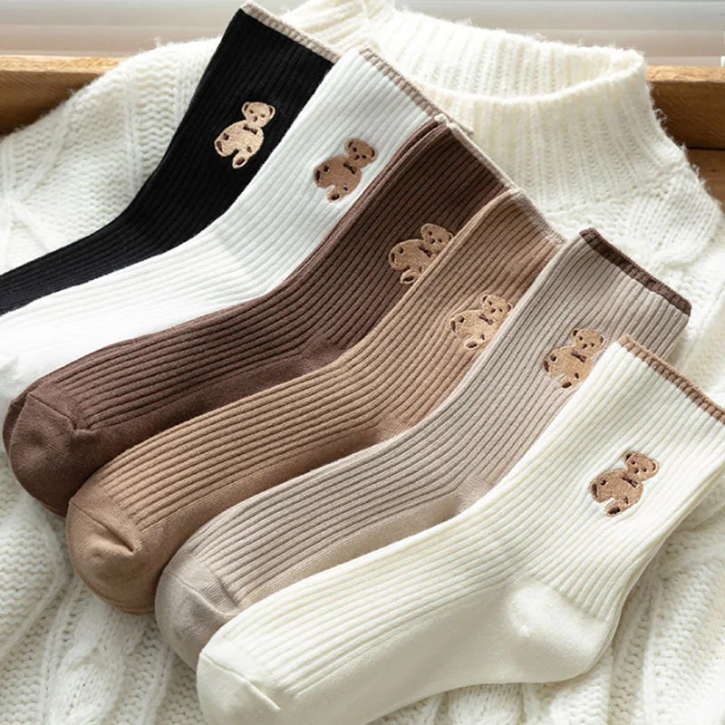 

4 Pairs Women Cotton Smiley Socks Embroidered Cartoon Cute Pure Color Breathable Socks Spring Harajuku Casual Black Smiley Funny