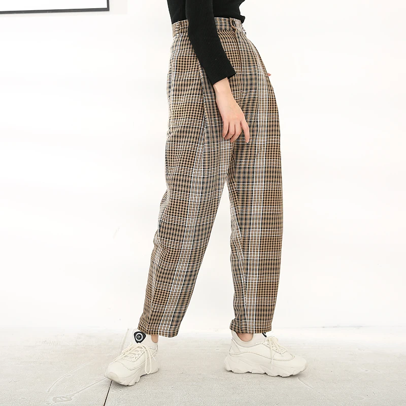 [EAM] High Waist Khaki Plaid Long Pleated Leisure Trousers New Loose Fit Pants Women Fashion Tide Spring Autumn 2021 1H09404