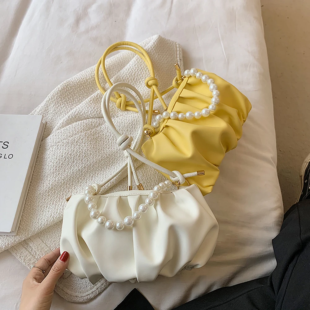 

Fashion Women Shoulder Bag Summer PU Leather Pleated Messenger Bags Casual Ladies Solid Color Pearl Chain Small Purse Handbags