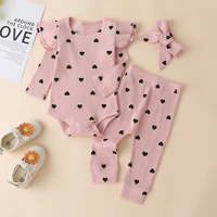 3pcs baby girl outfit set newborn toddler girls clothes ruffle heart print long sleeve romper bodysuit pantsheadband infant