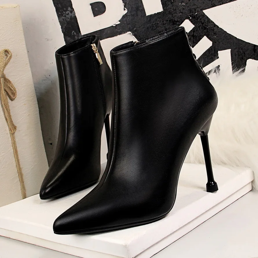 

BIGTREE 2020 New Autumn Winter Stiletto Thin High Heels Pointed Toe Leather Zipper Style Sexy Ankle Womens Boots Bota Feminina