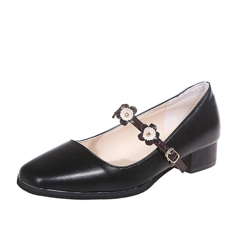 

Pumps Women PU Leather Shoes Floral Buckle Strap Ladies Shoes 2020 Female Dress Med Heel Mary Janes Elegant New High Quality