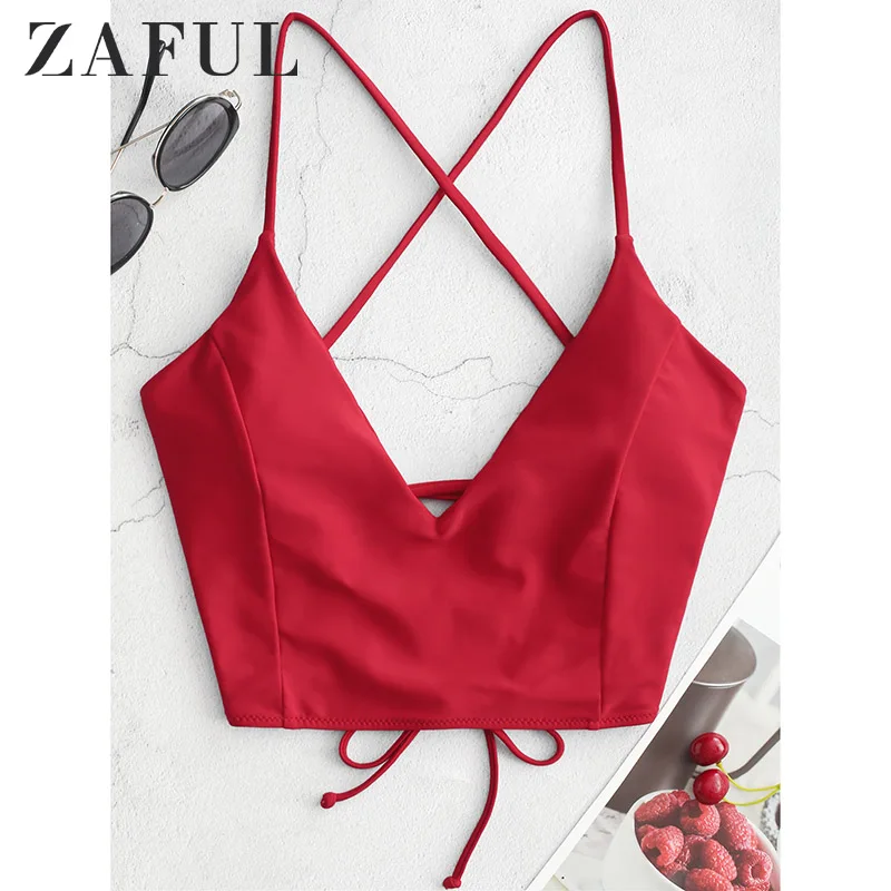 

ZAFUL Crisscross Lace-up Cropped Bikini Top Red solid color