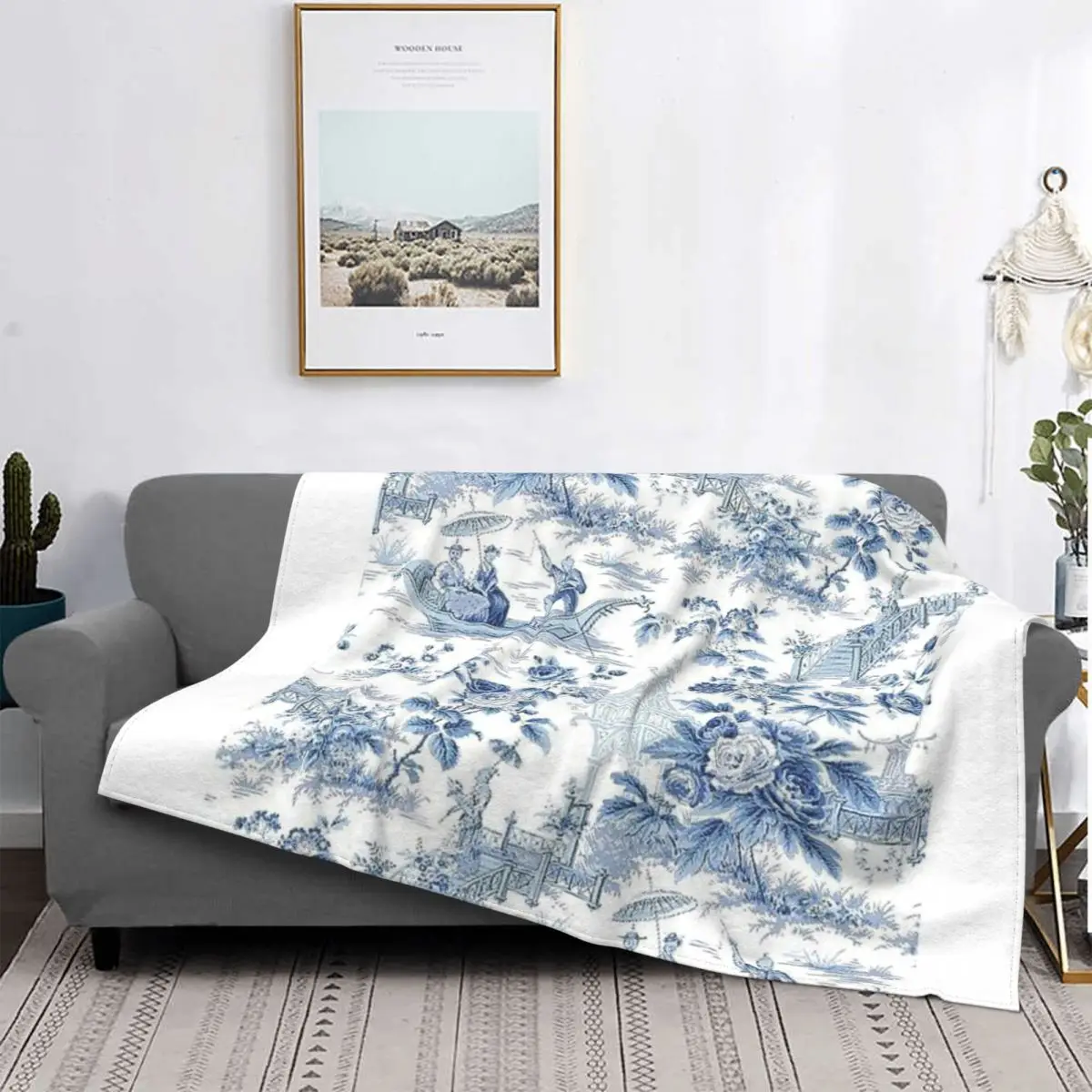 

Manta de Toile Chinoiserie azul, colcha de cama a cuadros, fundas de lino, manta Kawaii para camas