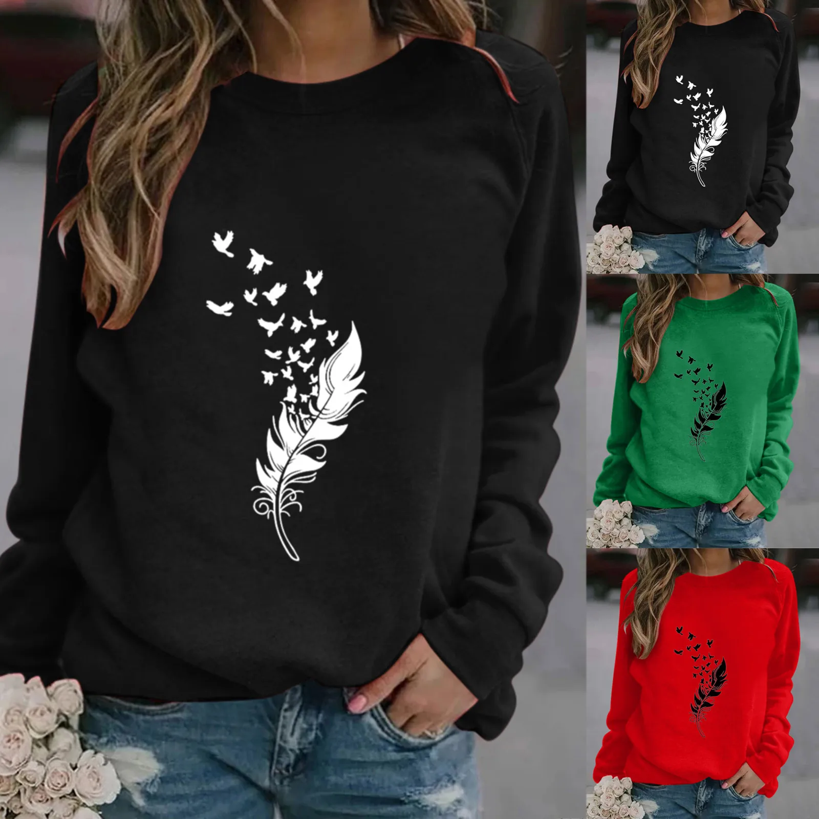 Harajuku Feather Print Hoodies Women Sweetshirts Casual Loose O Neck Long Sleeves Pullover Sweatshirt Spring Autumn Bluza Damska
