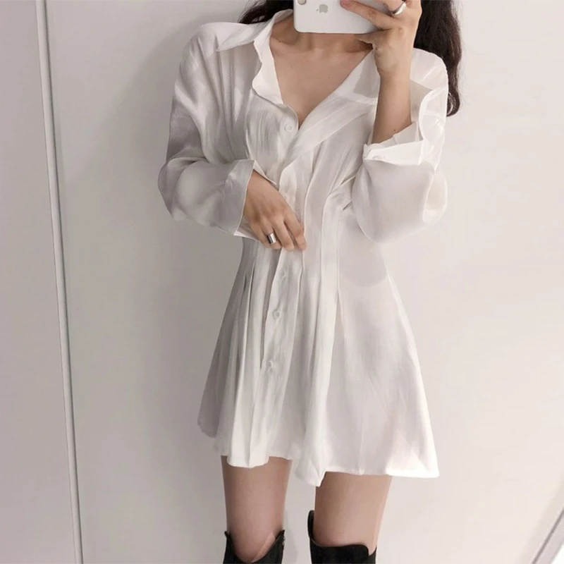 SHENGPALAE 2020 Women Female Tops Long Sleeve Casual Turn-down Collar Women's Pleated Lace Up Shirt Skirt Loose Blouses ZA2694 |