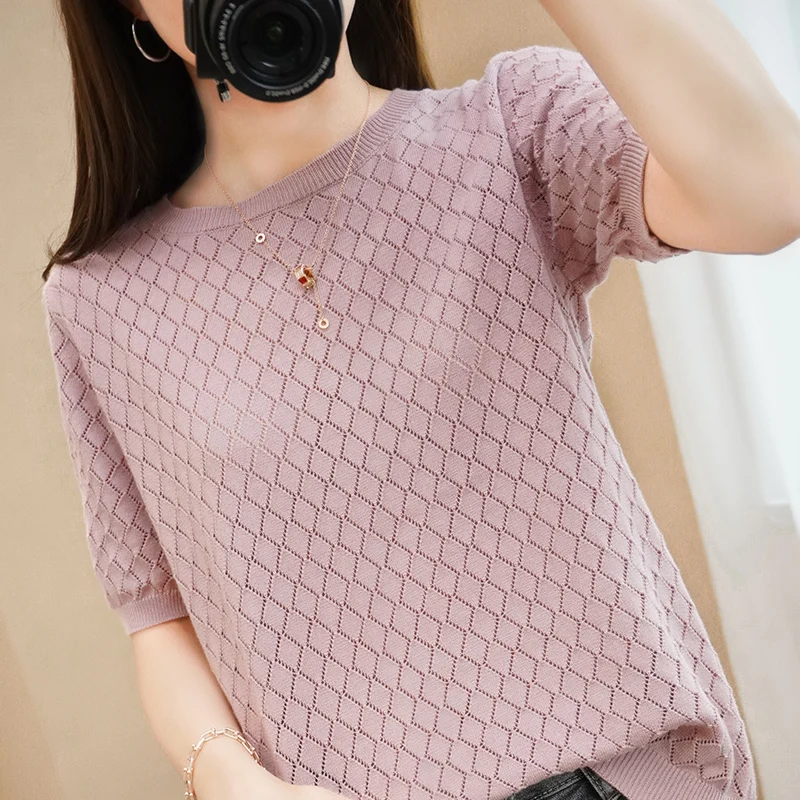 

Cotton low round neck knitted short sleeve shirt women's spring and summer 2021 new Korean loose thin pineapple T shirt