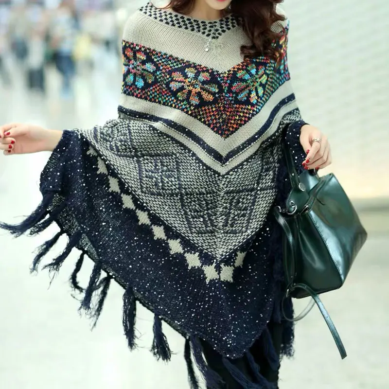 Осень зима свитер пончо с кисточками Женский вязанный большим треугольным