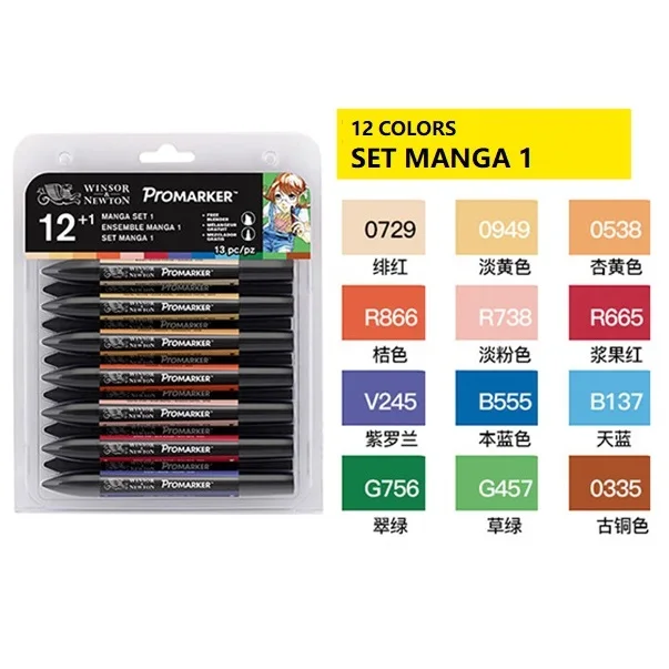 MANGA SET1 Профессиональный маркер WINSOR& NEWTON, 6/12 цветов, двухсторонняя(с круглым носком и косой) ручка для рисования, маркер, товары для рукоделия - Цвет: MANGA SET1