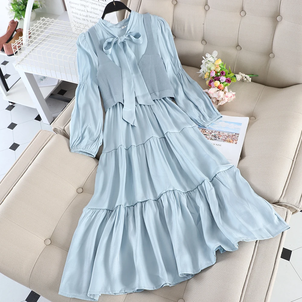 Женское трикотажное платье ALPHALMODA в стиле ретро с бантом и рукавами фонариками