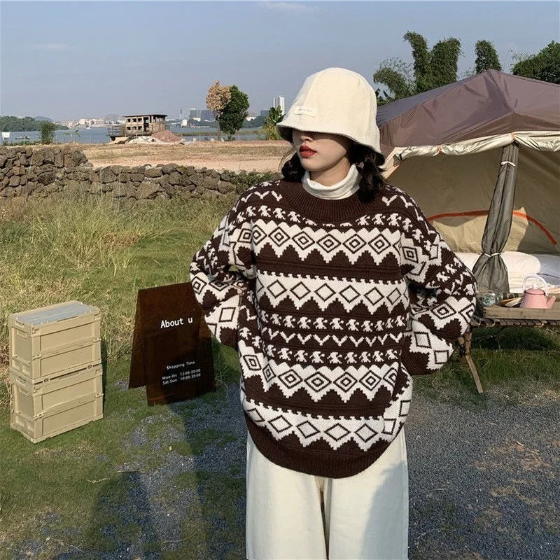 

Pullovers Women Geometric Sweaters Retro Korean Preppy Style All-match Chic Trendy Popular Autumn O-neck Simple Female Soft Cozy