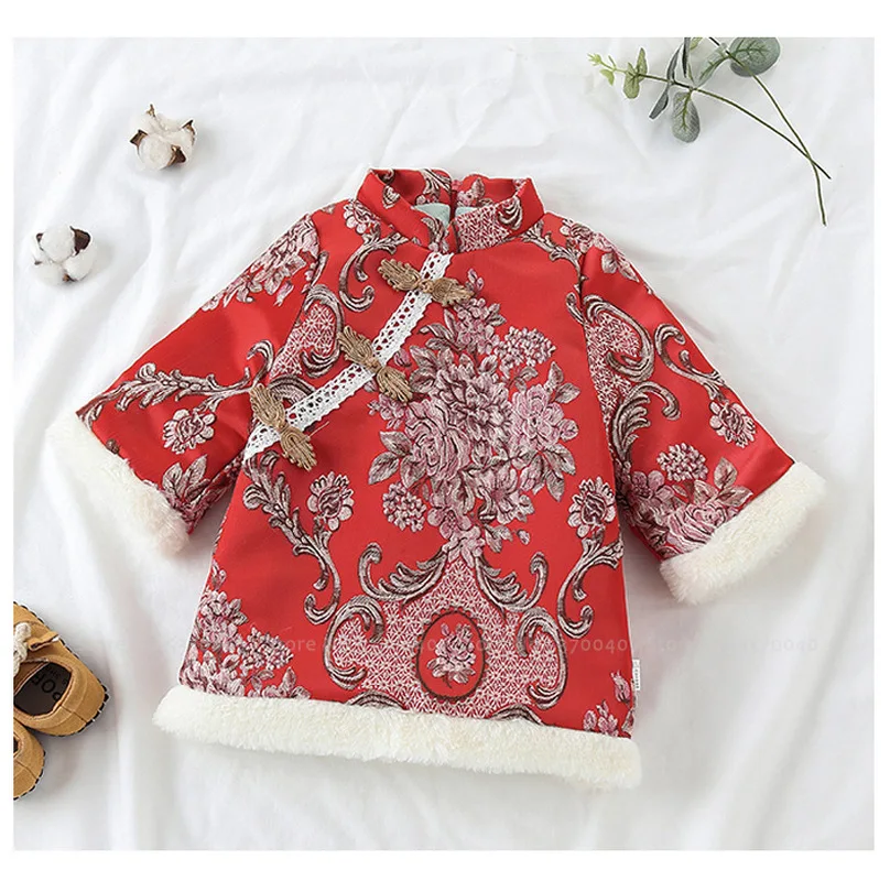 Детское платье Ципао в стиле ретро для девочек зимнее бархатное принцессы с