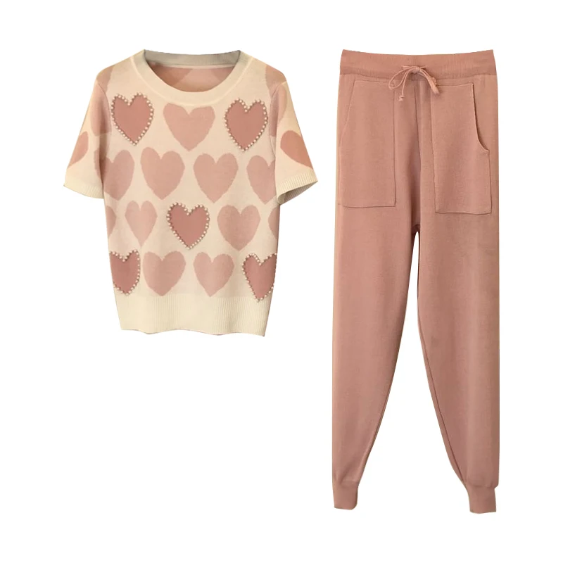 

Sweet Women Knit Two Piece Sets New Summer Love Nail Bead Pullover Sweaters Slim Pants Outfit Woman Tracksuits Fashion Clothes